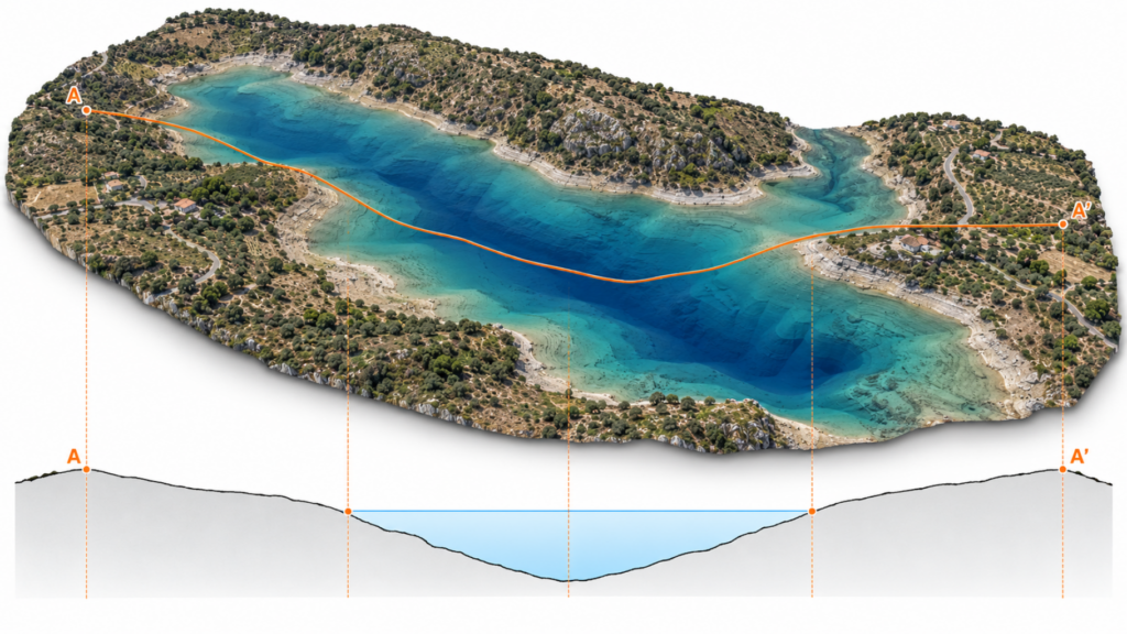 Modello integrato batimetrico e terrestre con sezione A–A′ — immagine illustrativa